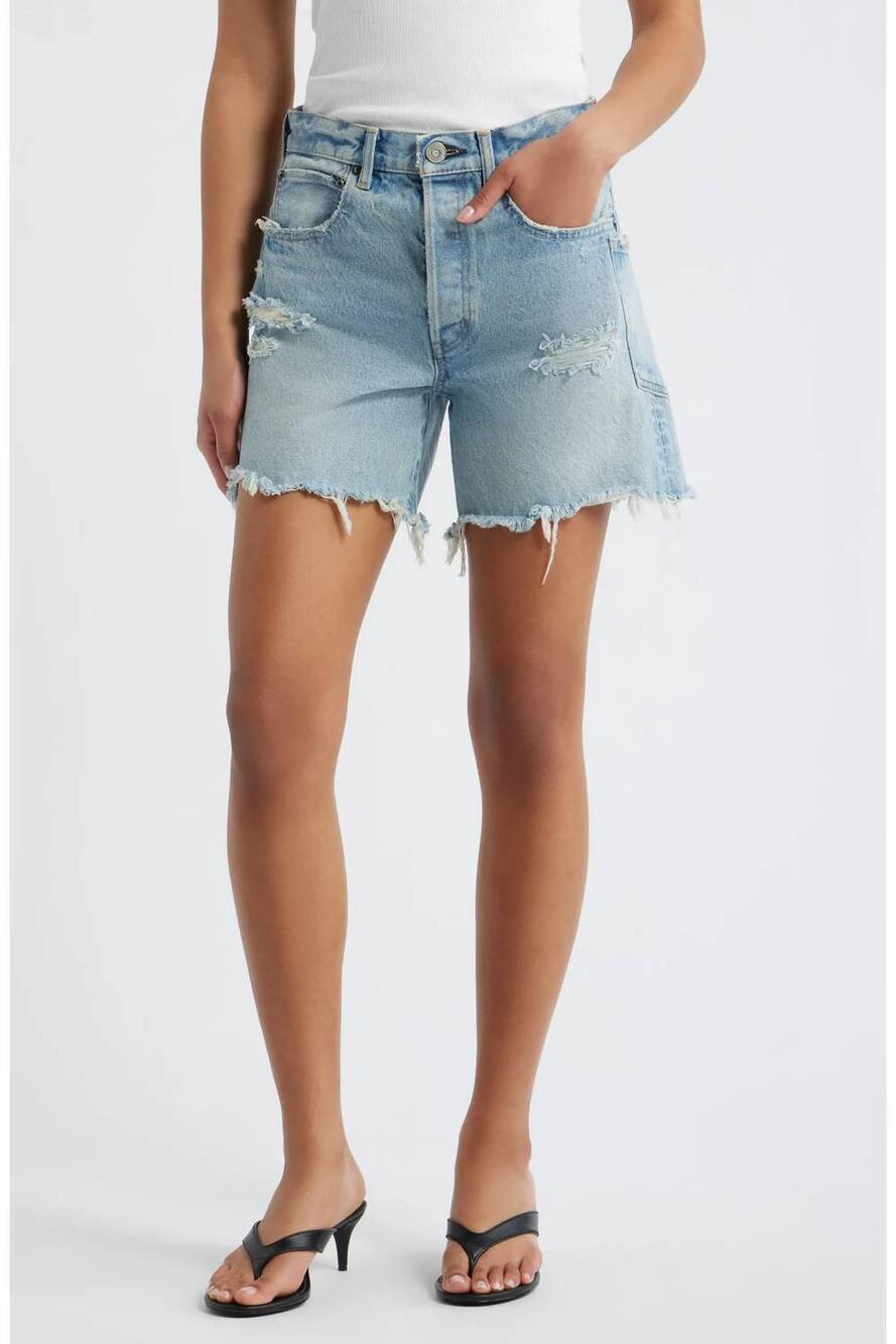 NEW MOUSSY women's mckendree high waist ripped & repaired denim cutoff shorts in